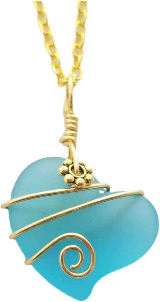 Handmade Sea Glass Necklace, Hawaiian Jewelry For Women, Gold Wire Heart Necklace, Unique Sea Glass Jewelry Gift For Women (Turquoise Blue - December)