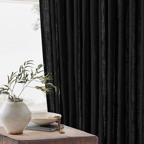 Image of TWODRAPES Black Pinch Pleated Linen Cafe Curtains 45 Inch Length 2 Panels for Dining Room Kitchen Bedroom Semi Sheer Pleat Drapes with Hooks Rings Light Filtering Short Window Curtain Cabinet 40x45