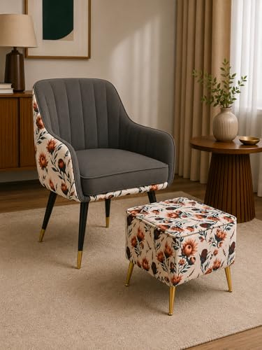Image of Designer Accent Chair with Floral Printed Back & Footstool | Velvet Lounge Chair for Living Room, Makeup Vanity & Bedroom (Dark Grey Floral)