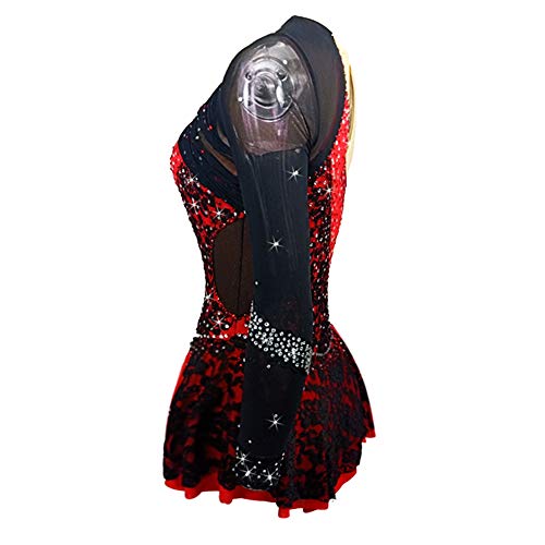 Vestido de patinação no gelo vermelho 4 formas elástico feminino manga comprida vestido de dança pat