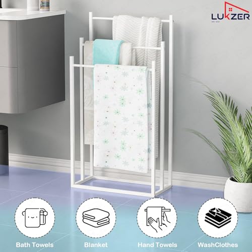 Image of Lukzer Premium Metal Towel Rack | 3-Bar Sturdy Free-Standing Garment Organizer Stand | Multi-Functional & Versatile for Towels, Clothes, and Accessories (MGS-007 /White /45x22x85 cm)