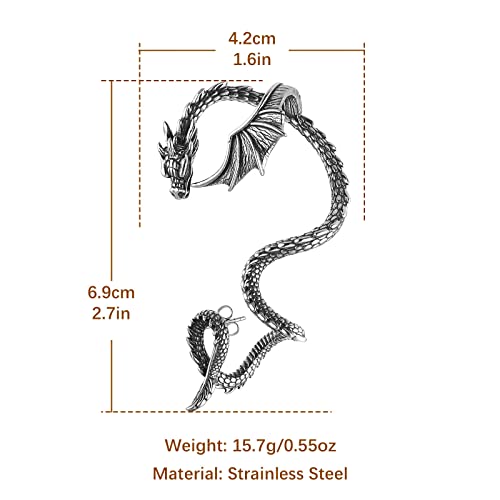 Hzman Stainless Steel Dragon Earrings Retro Punk Gothic Dragon Cuff Earring Wrap Clip On Earring For Men Boys Gift (Right Earring) #TOP4