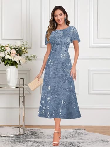 Sequin Mother of The Bride Dresses for Women Elegant Tea Length A Line Formal Evening Gown with Short Sleeve2