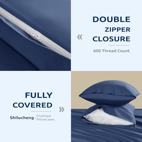 Shilucheng 100% Cotton Queen Size Duvet Covers - 600 Thread Count, Luxury Sateen Weave Egyptian Cotton Comforter Cover with Zipper Closure & Corner Ties,Hotel Bedding Duvet Covers 3 Piece (Navy Blue)