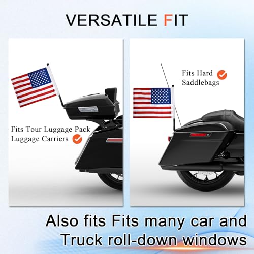 Image of FOVPLUE 15 inch x 11 inch American Flag Kit,Clamp On Motorcycle Flag Pole Mount for Harley Touring Hard Saddlebags,Trunk,Luggage Carrier,car /truck roll-down window,Fits Electra Glide /Road King /Street Glide