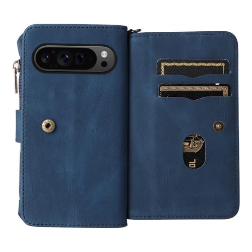 Portefeuille à fermeture éclair pour Google Pixel 6 Pro étui bleu 15 rangements