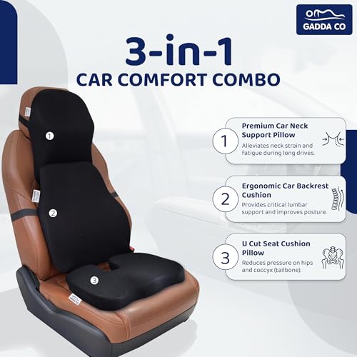Image of GADDA CO Ultimate Car Comfort Combo | Neck Rest, Lumbar Backrest & Wedge Seat Cushion | Ergonomic 3-in-1 Support for Neck, Back & Hips | Long Drive & Daily Commute | Universal Fit | Mesh Black