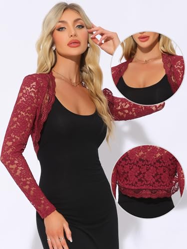 Image of Allegra K Floral Lace Bolero Shrug for Women Elegant Long Sleeve Sheer Cropped Lace Cardigan