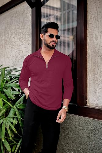 Image of KAJARU Men's Quarter Zip Pullover T-Shirt, Textured Ribbed Long Sleeve, Casual Mock Neck