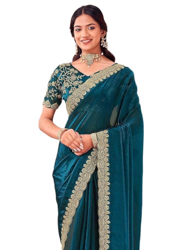 Image of SIRIL Women's Tissue Silk Sequins Embroidery Saree with Unstitched Blouse Piece