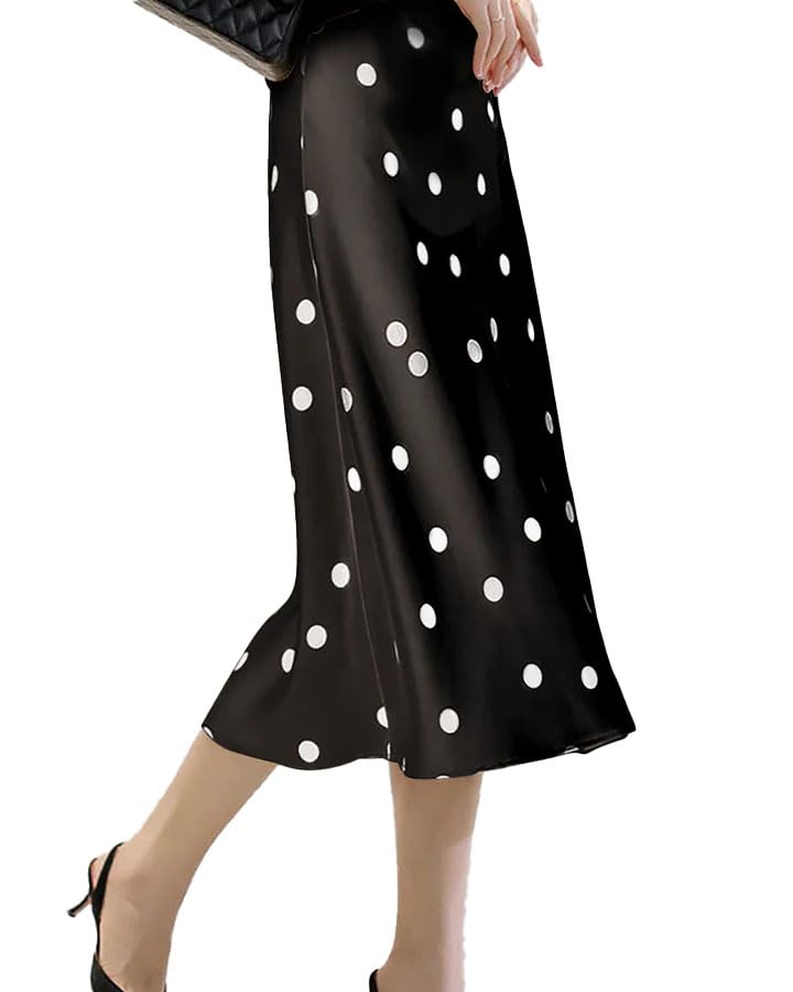DAISYSILK Womens Polka Dot Silk Midi Skirt - 19 Momme Mulberry Crepe de Chine A-Line for Wedding Office