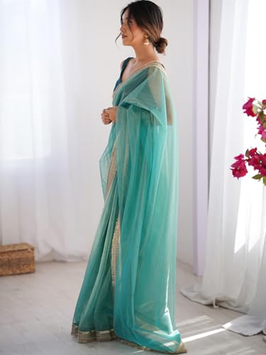 Image of AKHILAM Women's Shimmer Net Solid Saree With Unstitched Blouse Piece