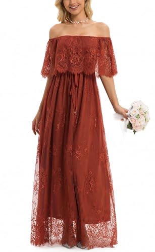 HOYISHION Women's Off The Shoulder Lace Maxi Wedding Dress Boho