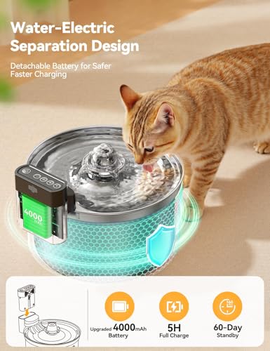 FEELNEEDY Wireless Cat Water Fountain - Safe Water-Electricity Separation, 3.5L Stainless Steel, 4000mAh Battery, XL Filter for Less Replacement, Motion Sensor & Ultra-Quiet Pump - Image 3