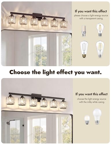 Image of VOLISUN Crystal Vanity Lights for Bathroom, 6 Light Bathroom Vanity Light, Modern Matte Black Bathrooms Light Over Mirror, Black Bathrooms Lights Fixtures-UL Certificated(Exclude Bulb)