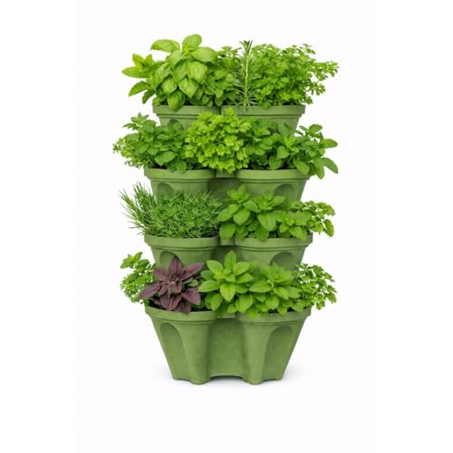 Large Vertical Planter Tower 4 Tier Stackable Garden Planter 16 Plant Sites Heavy Duty Strawberry Planter Vertical Growing System with Center Hole Made in USA (4 Sagebrush Green Large)