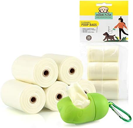 Doodie Flush Dog Poop Bag – 50 Biodegradable Dog Waste Bags on rolls with quick Pet Waste Bag Dispenser Doody Bag Holder for Leash – 100% Eco Friendly, Flushable, Ultra Thick, Compostable Doggie Bags