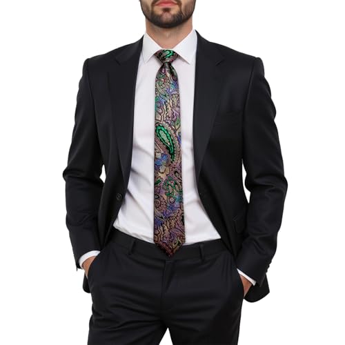 Image of Dubulle Mens Tie and Lapel Pin Paisley Striped Floral Necktie for Men Pocket Square Cufflinks 4PCS Set Wedding Party