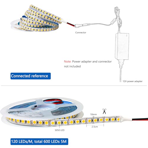 Tesfish 12V LED Streifen Licht, Warmweiß 3000K 5M LED Strip Lichtband 10000LM Super Hell SMD 5050 IP20 Gesamt 600 LEDs Band Lichtleiste für Schlafzimmer, Küche, Werbung Dekoration