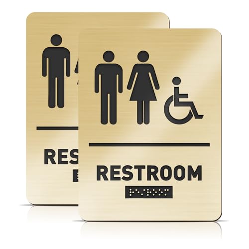 Oudain 1 Pcs Ada Compliant Restroom Sign with Braille Unisex Handicap Bathroom Sign for Business Restaurant (Gold)
