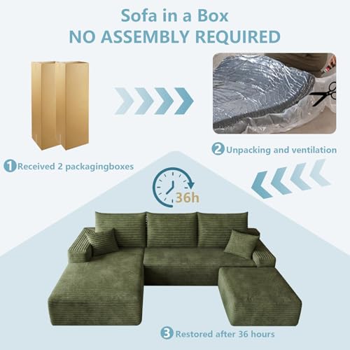 Image of 95 inch Cloud Sectional Couch with Ottoman,Modern U-Shaped Cloud Couch with Deep Seat,Comfy Corduroy Sofa,Memory Foam Sofa for Living Room,No Assembly (Green,Left-Facing Chaise)