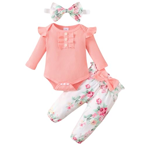 Image of ABCRR Baby Girl Clothes Newborn Infant Long Sleeve Ruffle Romper Floral Pants Outfit Set for 0-18 Months