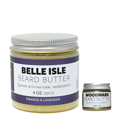 Detroit Grooming Co. Beard Butter Combo - Belle Isle (4oz) and Woodward (0.5oz) - Essential Oils, Natural Ingredients Nourish, Heal, Promote Beard Growth - Strong Hold Beard Balm for Best Styling