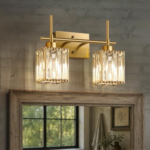 Image of Torondo Modern Crystal Bathroom Vanity Light 2-Lights Brushed Gold Bathroom Light Fixtures Over Mirror Brushed Gold Vanity Lighting Fixtures Square Shade Wall Sconce (Bulbs Not Include)