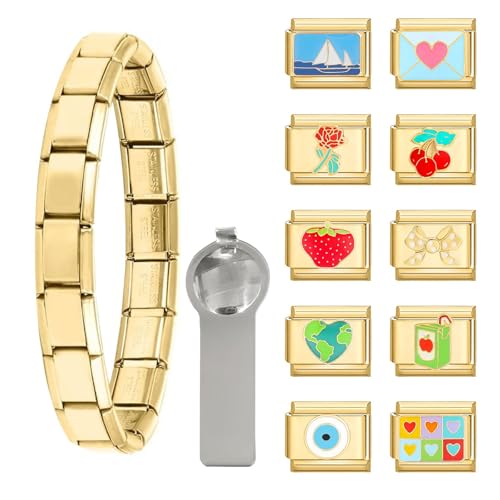 papasgix Italian Charm Bracelet Gold Silver Set with Starter Brascelet, Assorted Charms and Opening Tools, 9mm Modular Italian Charm Bracelet Links Handmade DIY Jewelry Gifts(Gold Blue)