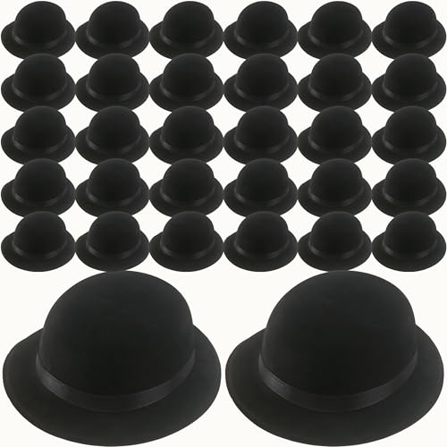 SGBETTER 32 Pack Black Bowler Hats Plastic Derby Top Hat Bulk Costume Accessories for Men Women Kids Halloween Masquerades Party Dress up