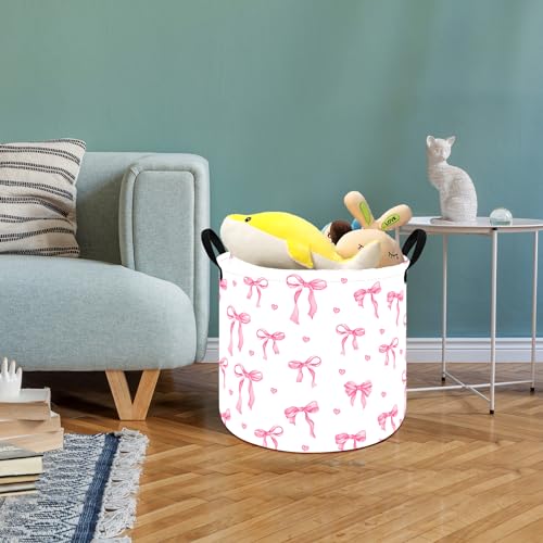Image of MAIZMZ 3 Pack Pink Bow Storage Basket for Girls Room, 15.7 x 13.3 Inch Round Laundry Basket with Handles,Foldable Toy Organizer Bin with Water-Resistant Lining for Nursery, Bedroom, Gifts