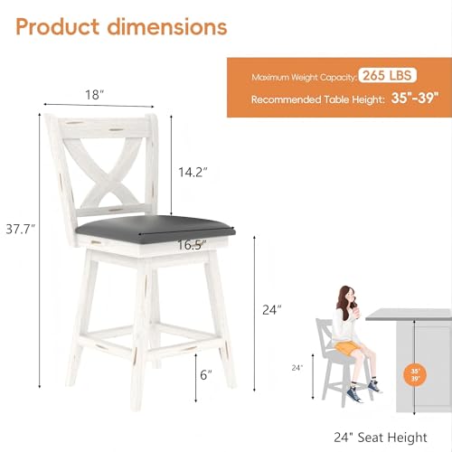 Image of Swivel Barstools Set of 6, 24 Inch Counter Height Kitchen Island Chairs with Back, Upholstered Seat Bar Stool with Solid Wood Legs & Footrest, Counter Stools for Pub, Bar, Restaurant (Antique White)