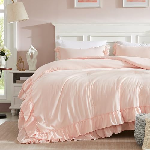 Image of Cupocupa Blush Pink Comforter Set Queen, 3Pcs Comforters Queen Size Ruffle Farmhouse Bedding Sets Queen with Comforter, Lightweight Soft Shabby Chic Bedding Comforter Set Fluffy for All Season