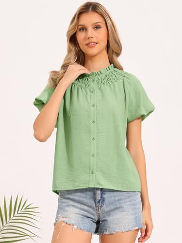 Image of Allegra K Puff Sleeve Tops for Women's Casual Ruched Button Down Shirts