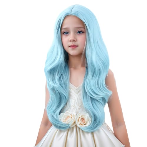 Image of Kid Ice Blue Wig Long Light Blue Wavy Curly Wig for Child Girl Middle Part Wigs Heat Resistant Synthetic Wigs with Cap