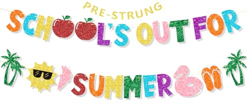 Ushinemi Pre-Strung School’s Out for Summer Banner, Glitter NO DIY Last Day of School Party Decorations End of School Year Summer Vacation Party Supplies