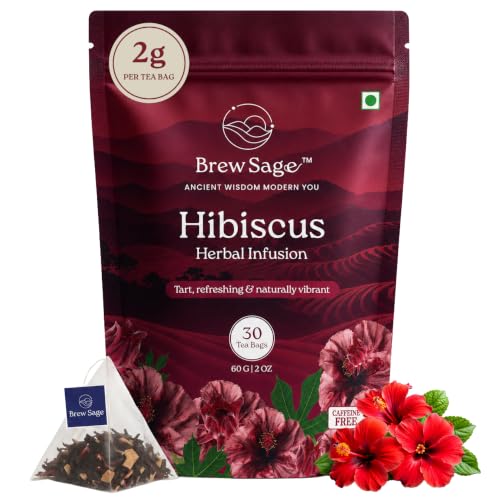 Image of BREW SAGE Hibiscus Herbal Tea | SUPPORTS HEART HEALTH & Helps Maintain Blood Pressure | GLOWING SKIN | Anti-Inflammatory Antioxidant | Caffeine Free Sugar Free | Vegan GMP Certified | 30 Tea Bags