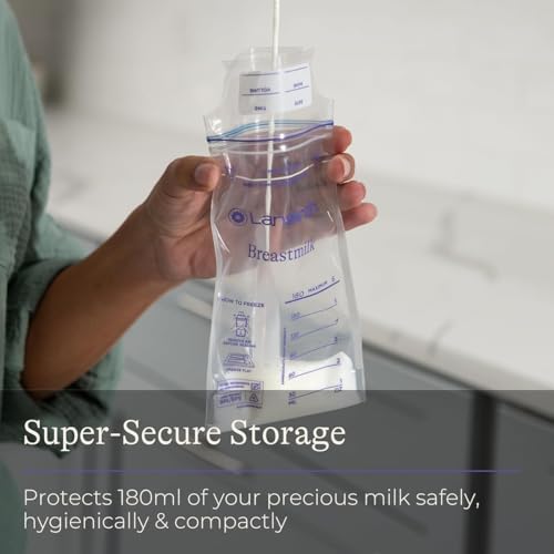 Image of Lansinoh breast milk transparent storage bags, breastmilk pouches for fridge or freezer use, pre-sterilized, reinforced double sealed side, double zipper for ultimate protection, 180ml, 25 count
