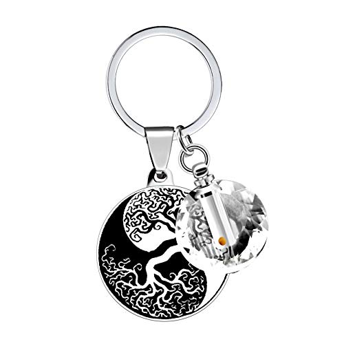 Nobranded Stainless Steel Yinyang Vintage Family Tree of Life Keychain, Real Mustard Seed in Openable Bottle,Charms Christian Pendant ZY019 (Platinum Plated), Round-white, Medium