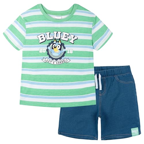 Bluey Infant Baby Boys T-Shirt and French Terry Denim Shorts Outfit Set Green/Blue 18 Months
