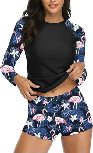 SOLARAMINDS Women's Long Sleeve Boyshort Two-Piece Swimsuit Fashion Surf Wear Divingsuit Beach Swimwear-Flamingo-M
