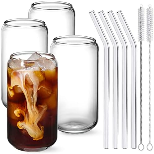NETANY Drinking Glasses with Glass Straw 4pcs Set - 16oz Highball Glass Cups, Beer Glasses, Iced Coffee Glasses, Cute Tumbler Cup, Ideal for Whiskey, 