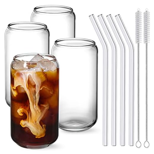 NETANY Drinking Glasses with Glass Straw 4pcs Set - 16oz Can Shaped Glass Cups, Beer Glasses, Iced Coffee Glasses, Cute Tumbler Cup, Ideal for Whiskey, Soda, Tea, Water, Gift - 2 Cleaning Brushes