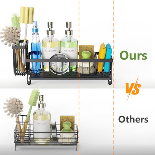 Cisily Extra Large Sink Caddy Organizer with Drying Stone, Black Sponge Holder for Kitchen, Dish Brush Holder for Countertop, Kitchen Decor Storage and Essentials