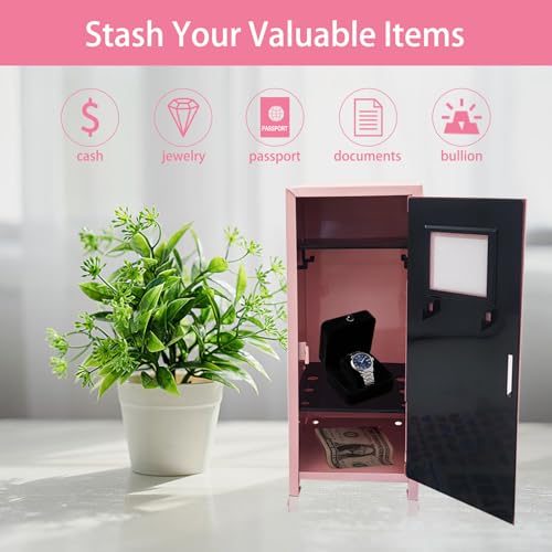 Image of Mini Locker with Lock Key Stickers Box Metal Small Locker Mini Locker Miniature Storage Girls Lockbox Desktop Storage Organizer for Cash Money Jewelry Safe Dollhouse Furniture Accessories (Pink)