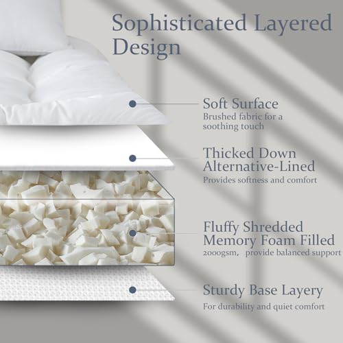 WhatsBedding 5 Inch Memory Foam Mattress Topper Queen for Pressure Relief, 100% Cotton Cover, Comfort Supportive Pillow Top Mattress Topper, 2000GSM Fluffy Shredded Memory Foam Filled