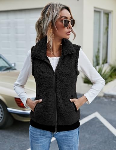 IECCP Damen Mantel Herbst Casual Leicht Ärmellos Weste Damen Lang Elegant Mode Kunstfell Weste Mit Taschen(Schwarz,L)