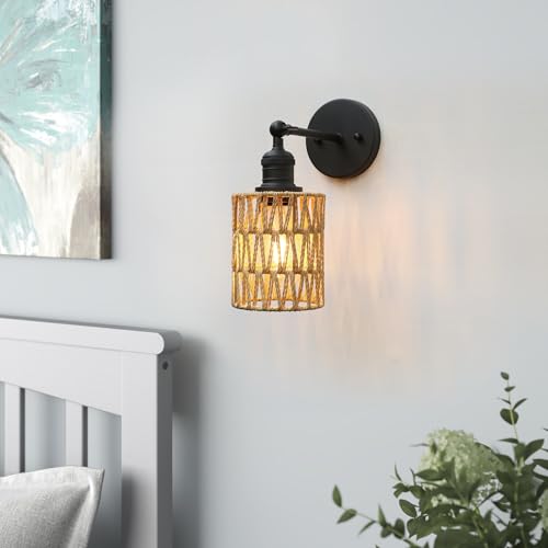 Image of Yosoan Rattan Boho Wrapped Wall Sconce Light, Indoor Hardwired Hand-Woven Farmhouse Vintage Wall Lamps, Brass Handmade Braided Rope Small Straight Shade Wall Mount Fixture for Reading Hallway(Black)