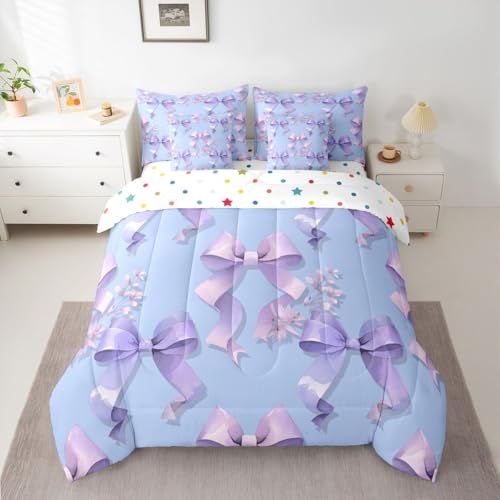 Image of Purple Bow Full Size Bed Sheets and Comforter Set | Cute Bowknot 7-Piece Bedding Set Dreamy Princess Style Ribbon Bow Tie Bed in a Bag, Girly Floral Bed Sets,Kawaii Room Decor Aesthetic