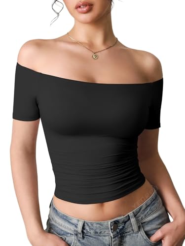 YEOREO Sophie Women Off Shoulder Crop Top Summer Short Sleeve T-Shirts Y2K Double Lined Fit Basic Tee Going Out Cute Tops